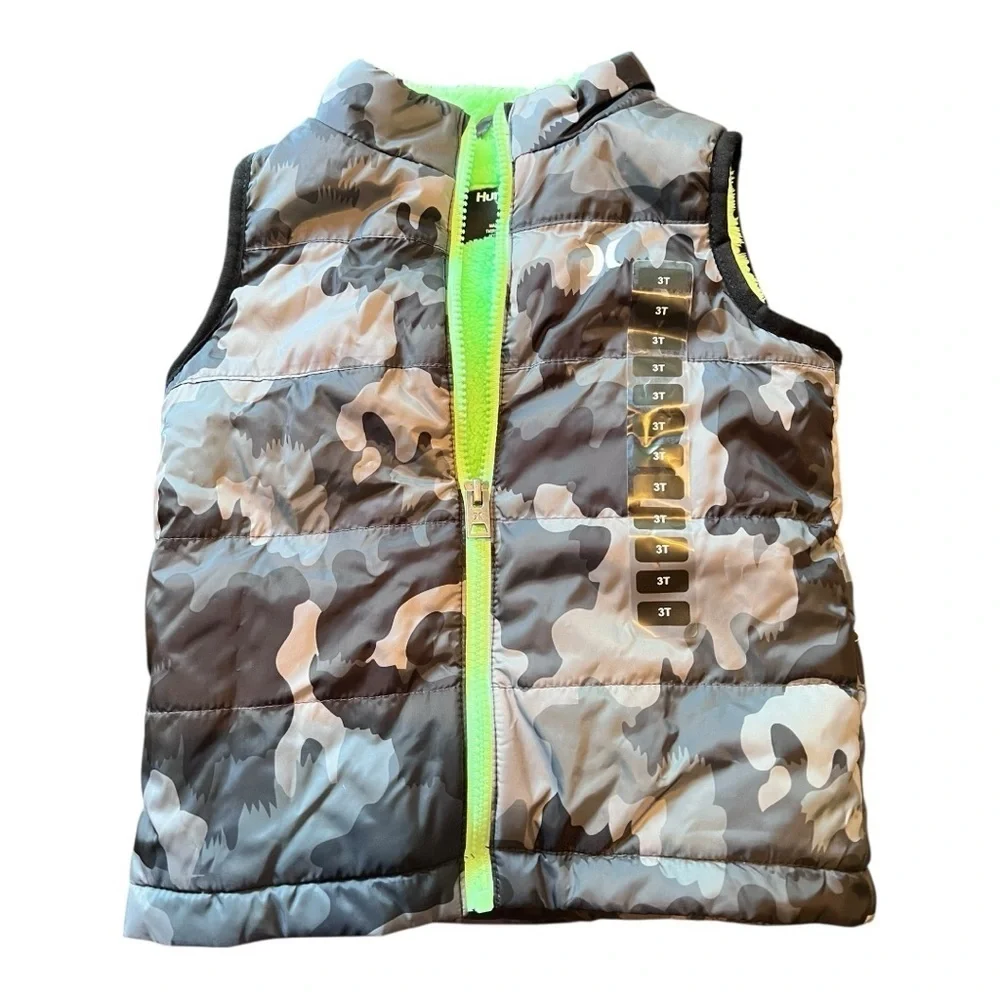 Hurley Kids Camouflage Vest with Bright Green Zipper Closure Boys Size 3T